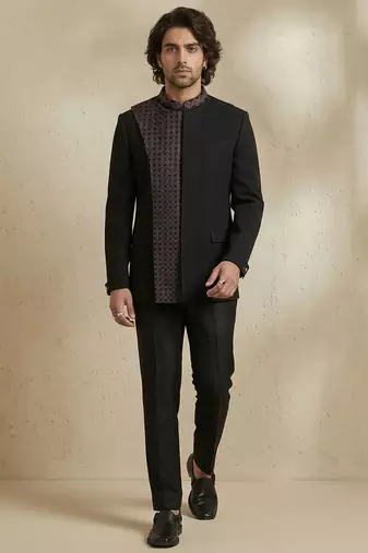 Black crepe bandhgala set