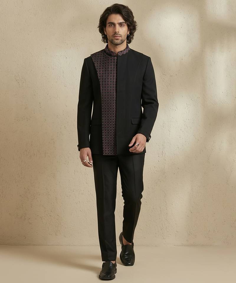 Black crepe bandhgala set