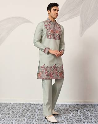 PISTA GREEN VISCOSE SILK THREAD & SEQUINS EMBROIDERED WORK WEDDING FESTIVAL  PARTY WEAR STRAIGHT MENS KURTA WITH PANT 9