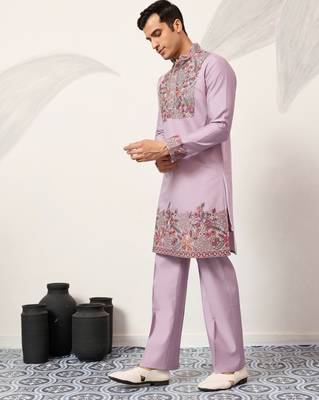 LAVENDER VISCOSE SILK THREAD & SEQUINS EMBROIDERED WORK FESTIVAL MARRIAGE PARTY WEAR STRAIGHT MENS KURTA WITH PANT 7