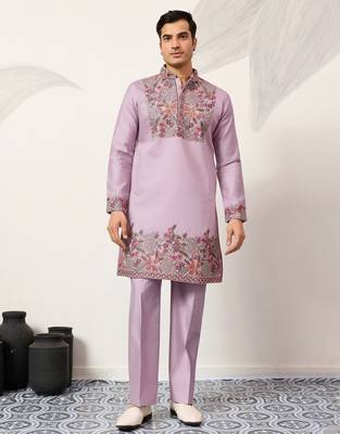 LAVENDER VISCOSE SILK THREAD & SEQUINS EMBROIDERED WORK FESTIVAL MARRIAGE PARTY WEAR STRAIGHT MENS KURTA WITH PANT 8