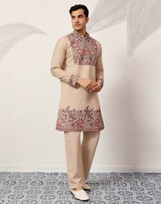 BEIGE VISCOSE SILK THREAD & SEQUINS EMBROIDERED WORK FESTIVAL MARRIAGE PARTY WEAR STRAIGHT MENS KURTA WITH PANT 9