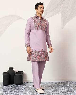 LAVENDER VISCOSE SILK THREAD & SEQUINS EMBROIDERED WORK FESTIVAL MARRIAGE PARTY WEAR STRAIGHT MENS KURTA WITH PANT 9