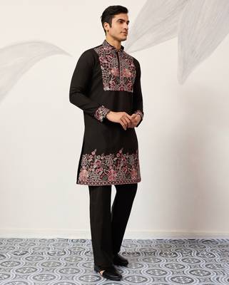 BLACK VISCOSE SILK THREAD & SEQUINS EMBROIDERED WORK FESTIVAL MARRIAGE PARTY WEAR STRAIGHT MENS KURTA WITH PANT 9