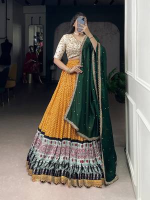 Rayon Bandhej & Ajrakh Print Chaniya Choli with Sequins & Thread Embroidery Lace 1