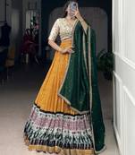 Rayon Bandhej & Ajrakh Print Chaniya Choli with Sequins & Thread Embroidery Lace