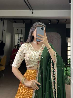 Rayon Bandhej & Ajrakh Print Chaniya Choli with Sequins & Thread Embroidery Lace 2