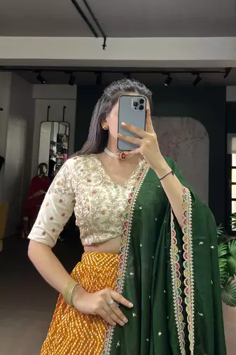 Rayon Bandhej & Ajrakh Print Chaniya Choli with Sequins & Thread Embroidery Lace