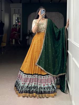 Rayon Bandhej & Ajrakh Print Chaniya Choli with Sequins & Thread Embroidery Lace 3