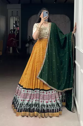 Rayon Bandhej & Ajrakh Print Chaniya Choli with Sequins & Thread Embroidery Lace