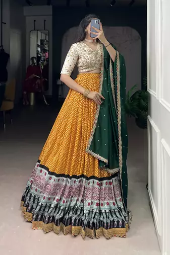 Rayon Bandhej & Ajrakh Print Chaniya Choli with Sequins & Thread Embroidery Lace