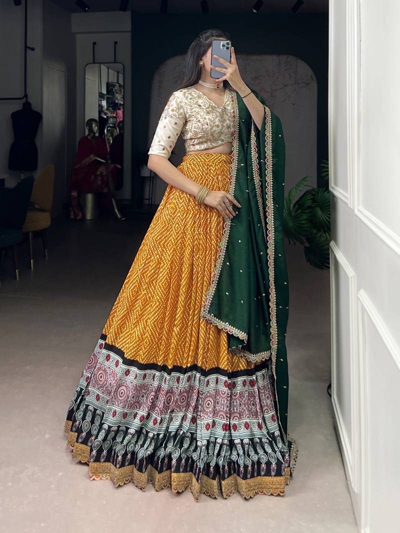 Rayon Bandhej & Ajrakh Print Chaniya Choli with Sequins & Thread Embroidery Lace