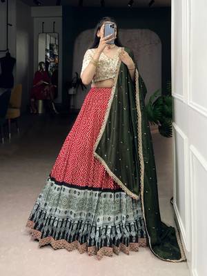 Rayon Bandhej Chaniya Choli with Sequins & Thread Embroidery Lace 1