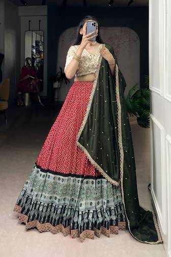 Rayon Bandhej Chaniya Choli with Sequins & Thread Embroidery Lace