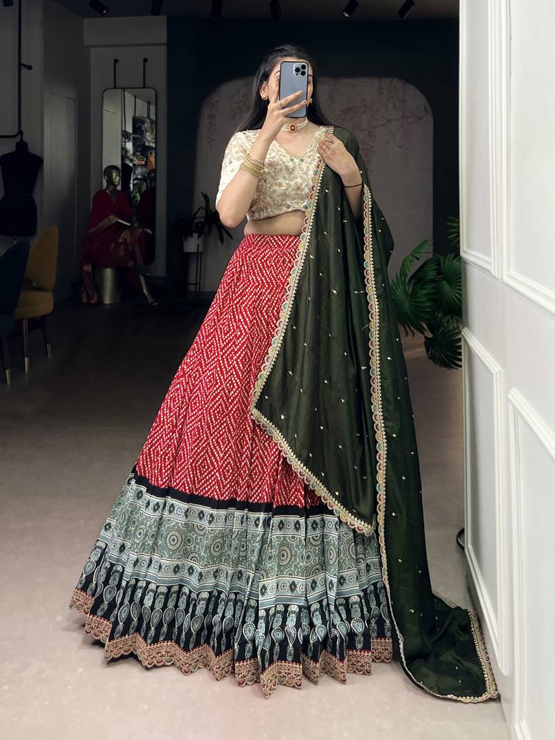 Rayon Bandhej Chaniya Choli with Sequins & Thread Embroidery Lace
