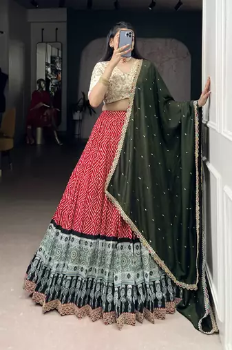 Rayon Bandhej Chaniya Choli with Sequins & Thread Embroidery Lace