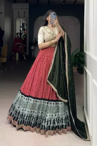 Rayon Bandhej Chaniya Choli with Sequins & Thread Embroidery Lace