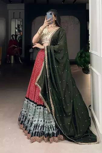 Rayon Bandhej Chaniya Choli with Sequins & Thread Embroidery Lace