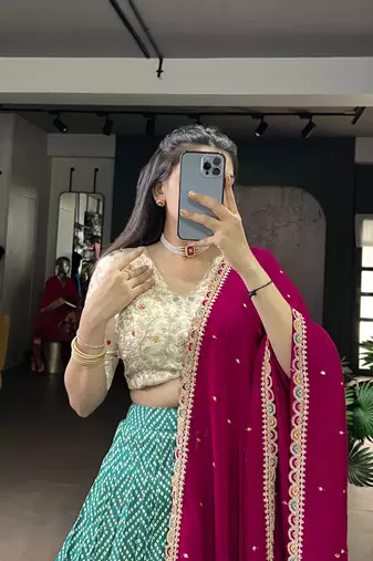 Rayon Bandhej Chaniya Choli with Sequins & Thread Embroidery Lace