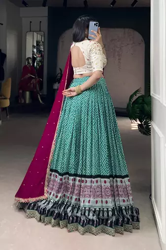 Rayon Bandhej Chaniya Choli with Sequins & Thread Embroidery Lace