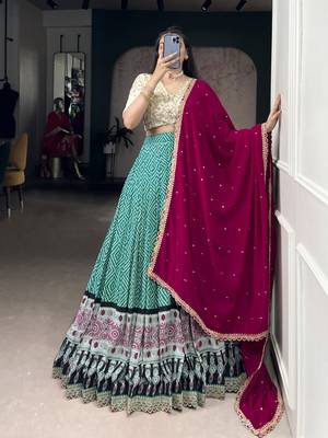 Rayon Bandhej Chaniya Choli with Sequins & Thread Embroidery Lace 4