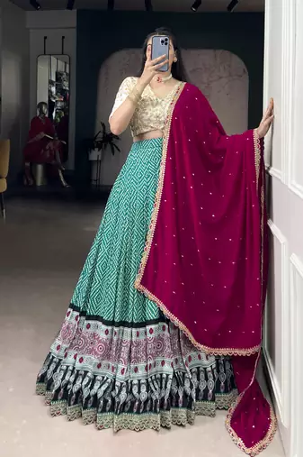 Rayon Bandhej Chaniya Choli with Sequins & Thread Embroidery Lace