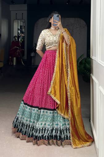 Rayon Bandhej Chaniya Choli with Sequins & Thread Embroidery Lace