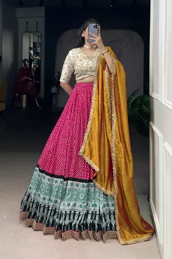 Rayon Bandhej Chaniya Choli with Sequins & Thread Embroidery Lace