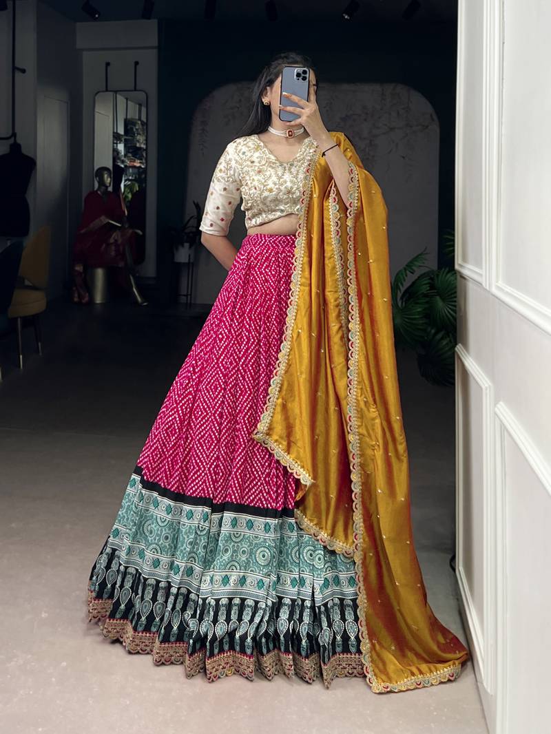 Rayon Bandhej Chaniya Choli with Sequins & Thread Embroidery Lace