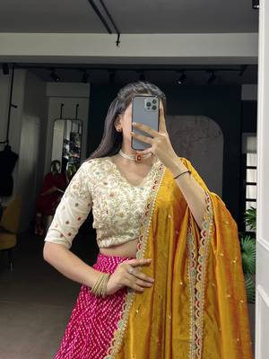 Rayon Bandhej Chaniya Choli with Sequins & Thread Embroidery Lace 2