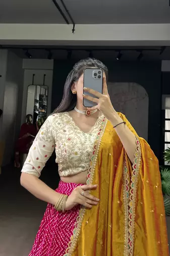 Rayon Bandhej Chaniya Choli with Sequins & Thread Embroidery Lace
