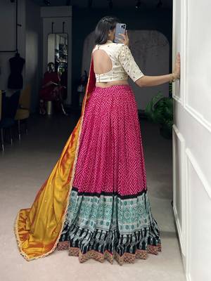 Rayon Bandhej Chaniya Choli with Sequins & Thread Embroidery Lace 3