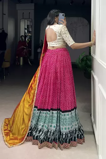 Rayon Bandhej Chaniya Choli with Sequins & Thread Embroidery Lace