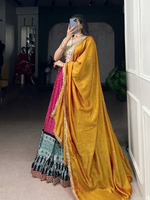 Rayon Bandhej Chaniya Choli with Sequins & Thread Embroidery Lace 4