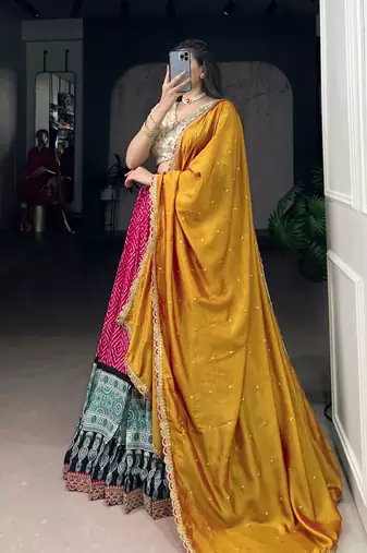 Rayon Bandhej Chaniya Choli with Sequins & Thread Embroidery Lace