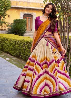 Tasar Silk Tie-Dye Print Chaniya Choli with Lace Touch-Up 1