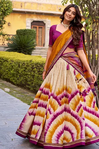 Tasar Silk Tie-Dye Print Chaniya Choli with Lace Touch-Up