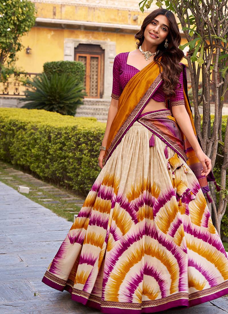 Tasar Silk Tie-Dye Print Chaniya Choli with Lace Touch-Up