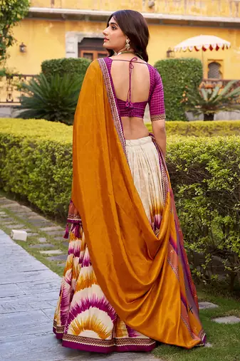Tasar Silk Tie-Dye Print Chaniya Choli with Lace Touch-Up