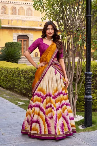 Tasar Silk Tie-Dye Print Chaniya Choli with Lace Touch-Up