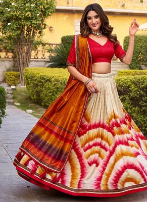 Tasar Silk Tie-Dye Print Chaniya Choli with Lace Touch-Up 1