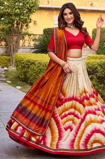 Tasar Silk Tie-Dye Print Chaniya Choli with Lace Touch-Up