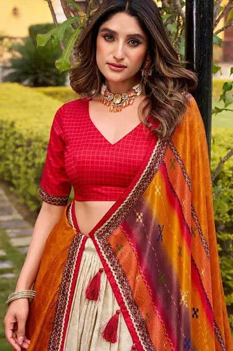 Tasar Silk Tie-Dye Print Chaniya Choli with Lace Touch-Up