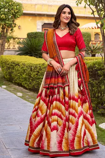 Tasar Silk Tie-Dye Print Chaniya Choli with Lace Touch-Up