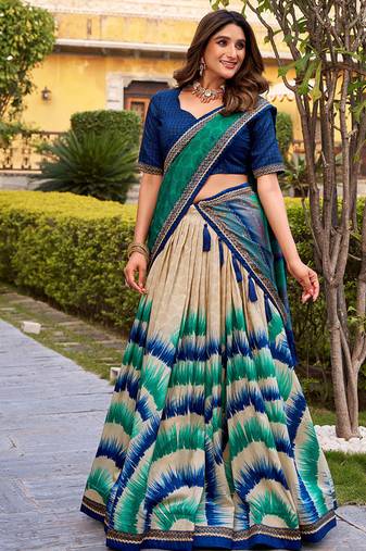 Tasar Silk Tie-Dye Print Chaniya Choli with Lace Touch-Up