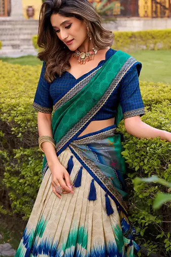 Tasar Silk Tie-Dye Print Chaniya Choli with Lace Touch-Up