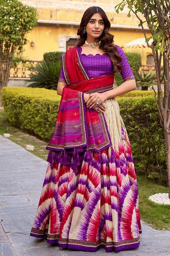 Tasar Silk Tie-Dye Print Chaniya Choli with Lace Touch-Up