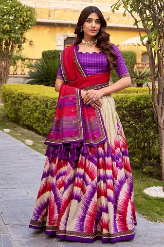 Tasar Silk Tie-Dye Print Chaniya Choli with Lace Touch-Up