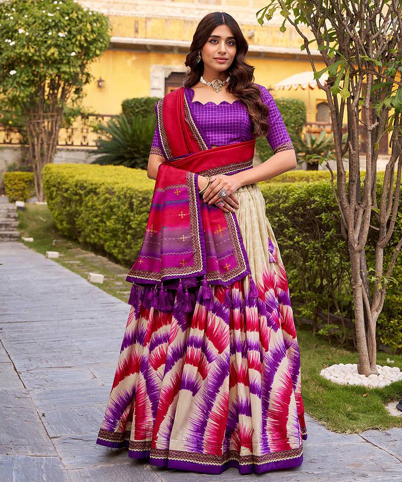 Tasar Silk Tie-Dye Print Chaniya Choli with Lace Touch-Up
