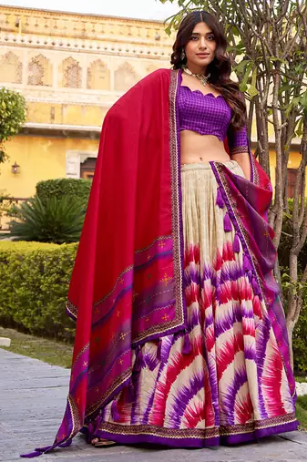 Tasar Silk Tie-Dye Print Chaniya Choli with Lace Touch-Up